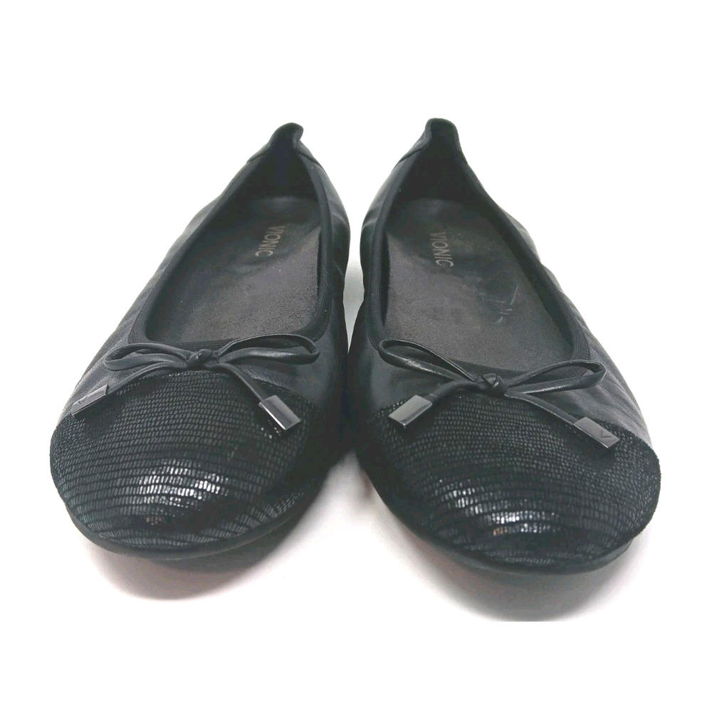 Vionic Minna Black Leather Ballet Flats Bow Cap Toe Women’s Size 11 Medium - Picture 2 of 8
